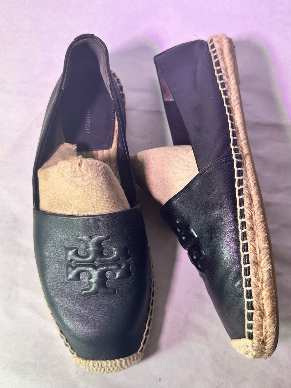 Tory Burch Black Leather Espadrille-Trim Loafer - Picture 6 of 16